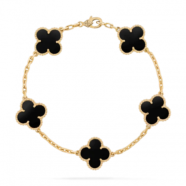Black Onyx 5 Leaf Clover Bracelet 18K Gold Over 925 Sterling Silver