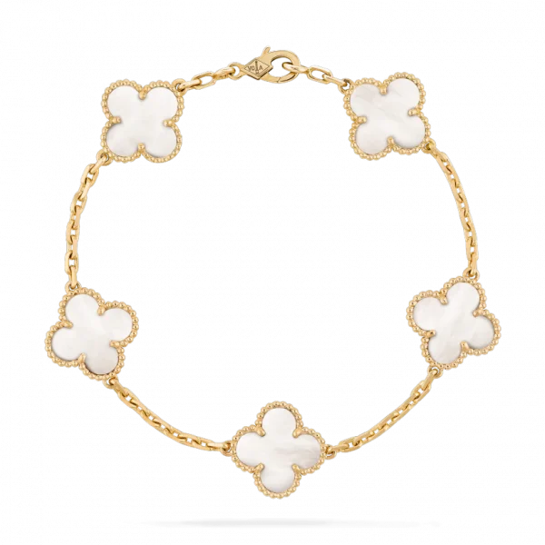 Mother Of Pearl 5 Leaf Clover Bracelet 18K Gold Over 925 Sterling Silver