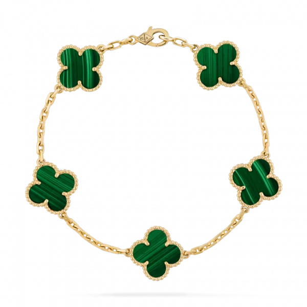Malachite 5 Motifs Clover Bracelet 18K Gold Over 925 Sterling Silver
