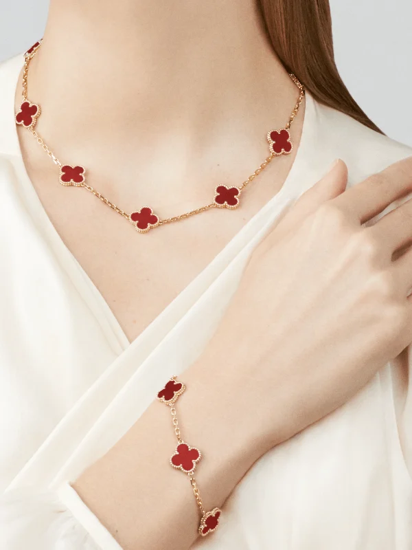 Red Onyx 5 Leaf Clover 18K Gold Over 925 Sterling Silver Bracelet - Image 2