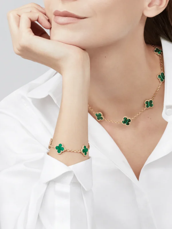 Malachite 5 Motifs Clover Bracelet 18K Gold Over 925 Sterling Silver - Image 2