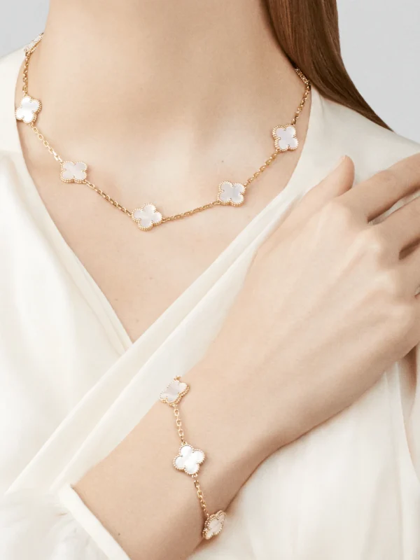 Mother Of Pearl 5 Leaf Clover Bracelet 18K Gold Over 925 Sterling Silver - Image 2