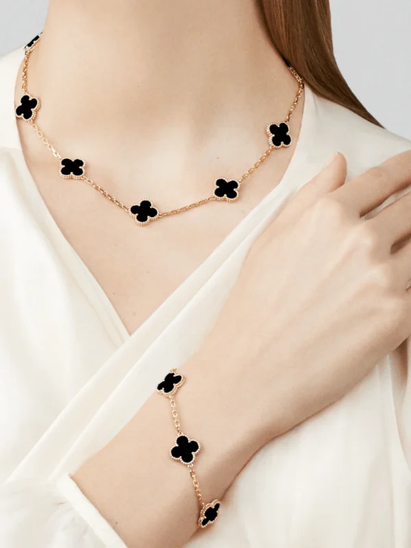 Black Onyx 5 Leaf Clover Bracelet 18K Gold Over 925 Sterling Silver - Image 2