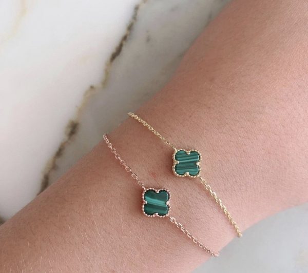 Malachite Clover Bracelet 18K Gold Over 925 Sterling Silver