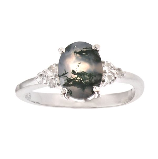 Moss Agate & White Topaz Silver Ring