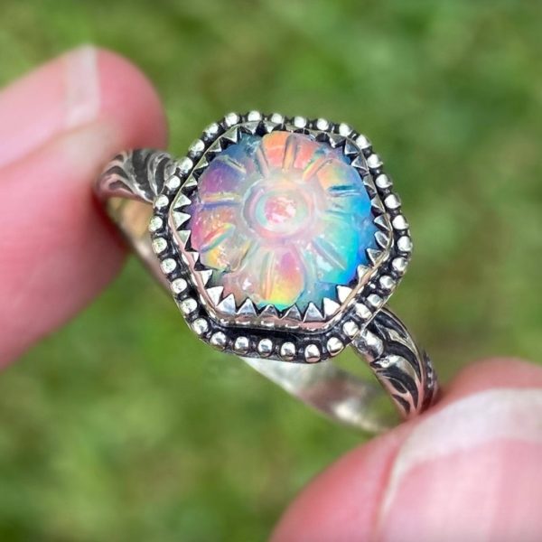 Carved Aurora Opal Ring 925 Sterling Silver RS18-171