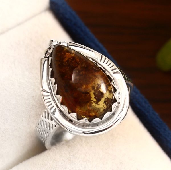 Amber Southwest Style Size US 10 925 Sterling Silver Ring (REXT47-6)
