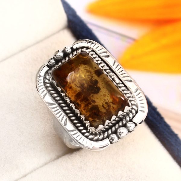 Amber Southwest Style Size US 6 925 Sterling Silver Ring (REXT47-12)
