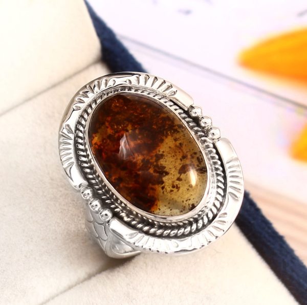Amber Southwest Style Size US 7 925 Sterling Silver Ring (REXT47-14)