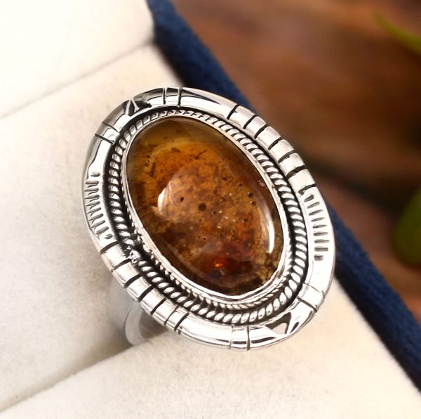 Amber Southwest Style Size US 10 925 Sterling Silver Ring (REXT47-20)