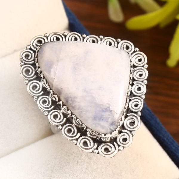 Rainbow moonstone Ring Size US 11 Sterling Silver 925 (RS105-28)