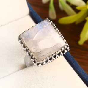 Rainbow Moonstone Ring Size US 11 Sterling Silver 925 (RS105-29)