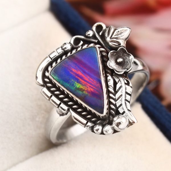 Aurora Opal Size US 10 925 Sterling Silver Ring (RS105-85)