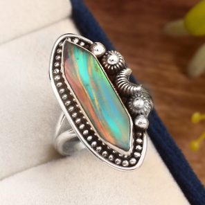 Aurora Opal Size US 8 925 Sterling Silver Ring (RS105-64)