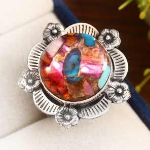 Pink Dahlia Turquoise Size US 10 925 Sterling Silver Ring (RS105-133)