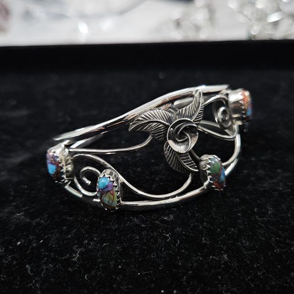 Pink Dahlia Turquoise Southwest Style 925 Sterling Silver Cuff Bangle (RSB2-88) - Image 2