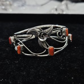 Italian Coral Southwest Style 925 Sterling Silver Cuff Bangle (RSB2-85)