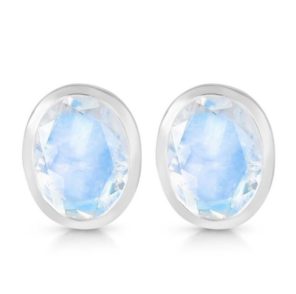 Enclosed Set Cut Moonstone Oval 925 Silver Stud Earring (RS101-4)