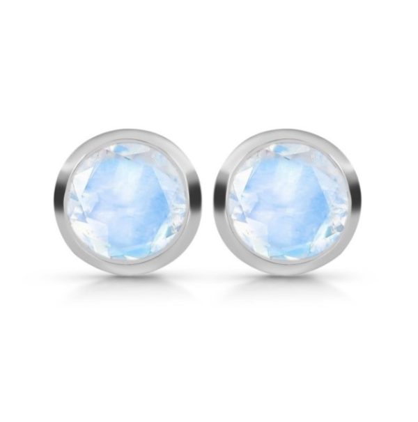 Enclosed Set Cut Moonstone Round 925 Silver Stud Earring (RS101-5)