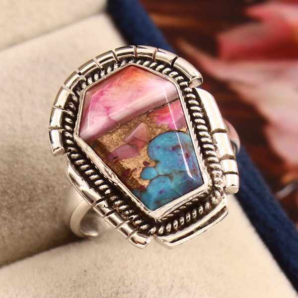 Pink Dahlia Turquoise Ring Size US 9 925 Sterling Silver (RS113-199)
