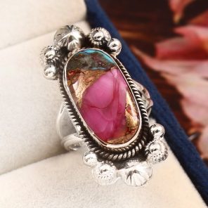 Pink Dahlia Turquoise Ring Size US 6 925 Sterling Silver (RS113-204)