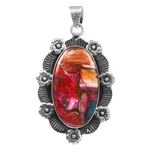 Pink Dahlia Turquoise 1.75" Sterling Silver Pendant 925 (RS111-100)