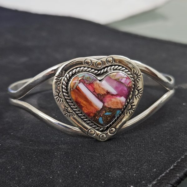 Pink Dahlia Turquoise Southwest Style 925 Sterling Silver Bangle Cuff (RSB2-113) - Image 2