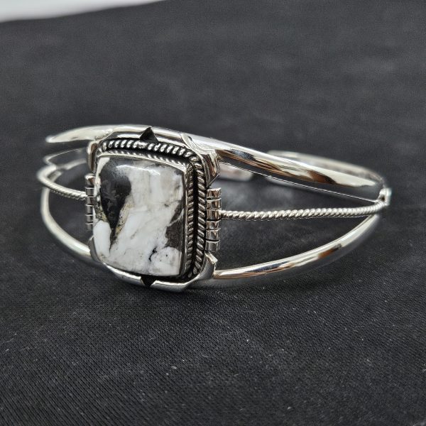 White Buffalo Turquoise Southwest Style 925 Sterling Silver Bangle Cuff (RSB2-105) - Image 2