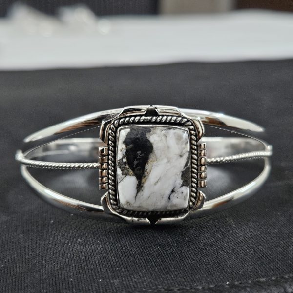 White Buffalo Turquoise Southwest Style 925 Sterling Silver Bangle Cuff (RSB2-105)