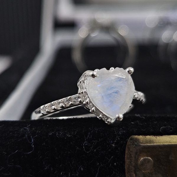 Heart Moonstone & White Topaz 925 Sterling Silver Ring ( RSEXT65-10)