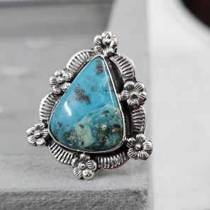 Morenci Turquoise Sunflower Southwest Size US 9 925 Silver Ring (RS100-158)