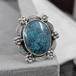 Morenci Turquoise Sunflower Southwest Size US 9 925 Silver Ring (RS100-162)