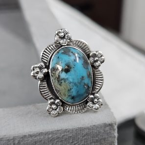 Morenci Turquoise Sunflower Southwest Size US 9 925 Silver Ring (RS100-161)