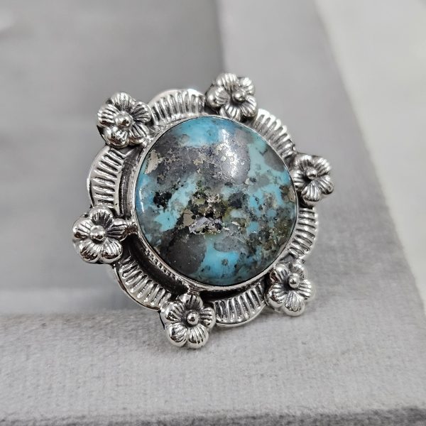 Morenci Turquoise Sunflower Southwest Size US 7 925 Silver Ring (RS100-163)