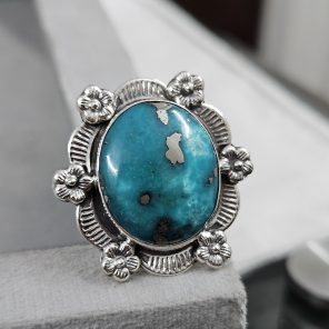 Morenci Turquoise Sunflower Southwest Size US 7 925 Silver Ring (RS100-166)