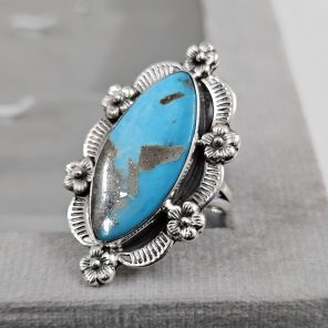 Morenci Turquoise Sunflower Southwest Size US 9 925 Silver Ring (RS100-157)