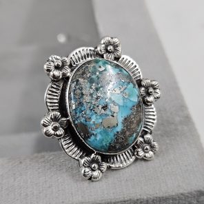 Morenci Turquoise Sunflower Southwest Size US 7 925 Silver Ring (RS100-168)