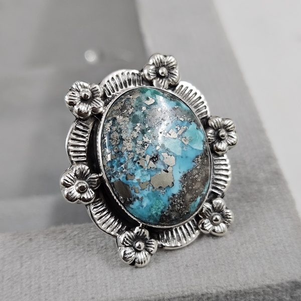 Morenci Turquoise Sunflower Southwest Size US 7 925 Silver Ring (RS100-168)