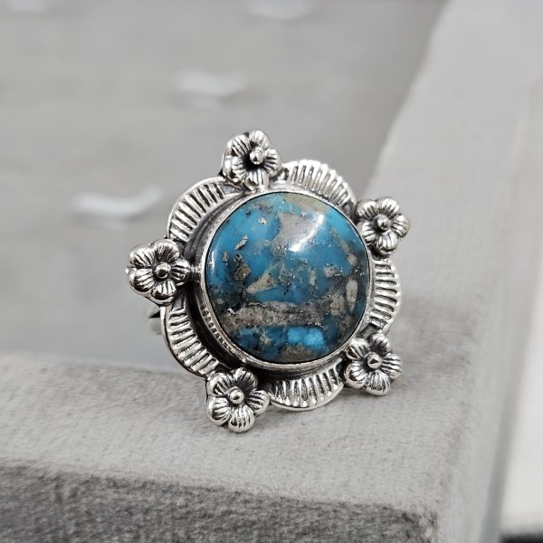 Morenci Turquoise Sunflower Southwest Size US 10 925 Silver Ring (RS100-156)