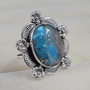 Morenci Turquoise Sunflower Southwest Size US 9 925 Silver Ring (RS100-160)