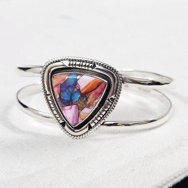 Pink Dahlia Turquoise Southwest Style 925 Sterling Silver Bangle Cuff (RSB2-129) - Image 2