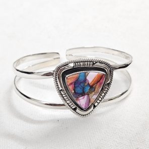 Pink Dahlia Turquoise Southwest Style 925 Sterling Silver Bangle Cuff (RSB2-129)