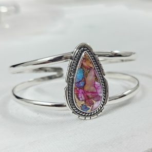 Pink Dahlia Turquoise Southwest Style 925 Sterling Silver Bangle Cuff (RSB2-128)