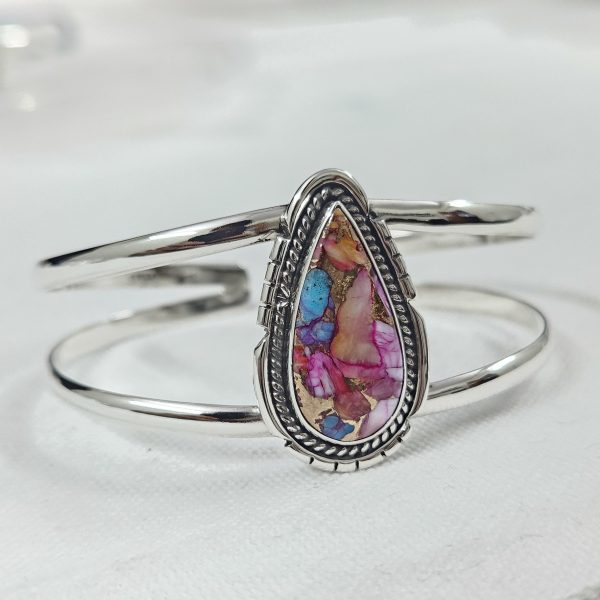 Pink Dahlia Turquoise Southwest Style 925 Sterling Silver Bangle Cuff (RSB2-128)