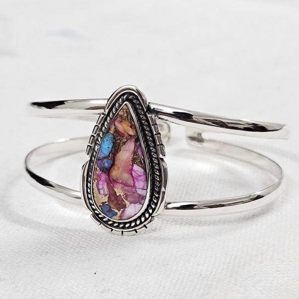 Pink Dahlia Turquoise Southwest Style 925 Sterling Silver Bangle Cuff (RSB2-128) - Image 2