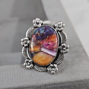 Pink Dahlia Turquoise Sunflower Southwest Size US 7 925 Silver Ring (RS111-128)