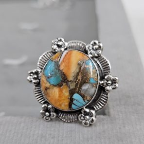 Spiny Oyster Turquoise Sunflower Southwest Size US 10 925 Silver Ring (RS111-134)