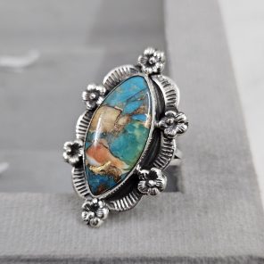 Spiny Oyster Turquoise Sunflower Southwest Size US 8 925 Silver Ring (RS111-140)