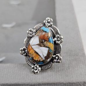 Spiny Oyster Turquoise Sunflower Southwest Size US 9 925 Silver Ring (RS111-137)