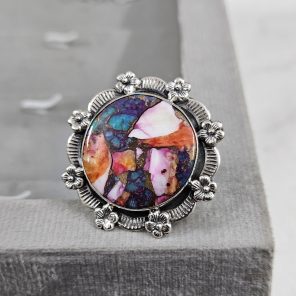 Pink Dahlia Turquoise Sunflower Southwest Size US 10 925 Silver Ring (RS111-133)